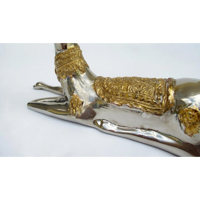Vintage C.1970's Asian (Thailand) Nickel Plate and Gilt Gold Embellished Antler Reindeer For Sale - Image 9 of 12