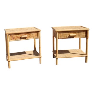 Vintage Italian Bamboo Bedside Tables with Drawer and Shelf, 1950, Set of 2 For Sale