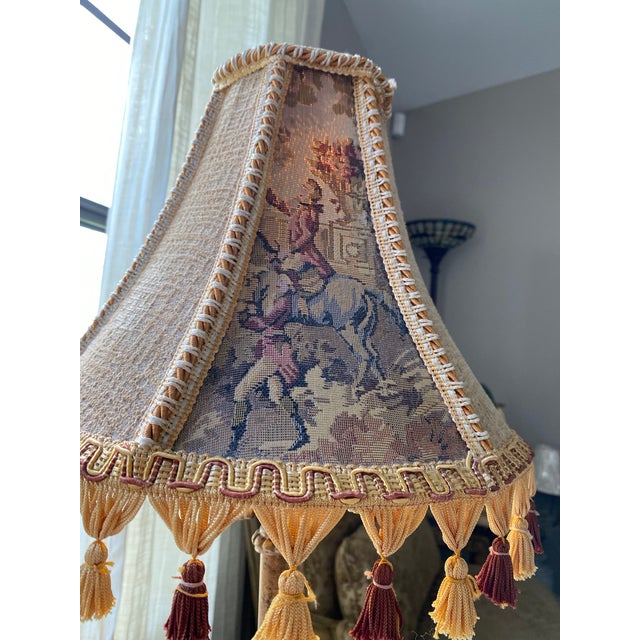 Antique Ornate Table Lamp With Embroidered Tassel Shade, Carved Decorative Base & Ribbed Glass Accent, Traditional French Style For Sale - Image 11 of 12
