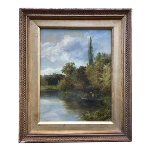 Late 19th Cent. “Boating on the Dee” Serene Oil on Board Painting by Robert Russell MacNee, Framed