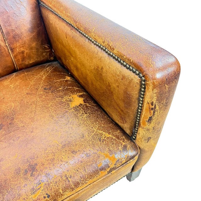 Antique French Moustache Cognac Leather Club Chair, 1920s For Sale - Image 12 of 13