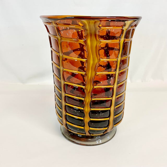 1970s 1970s Vintage Boho Chic Italian Style Blown Glass Vase With Opaque Grid Design Encased For Sale - Image 5 of 11