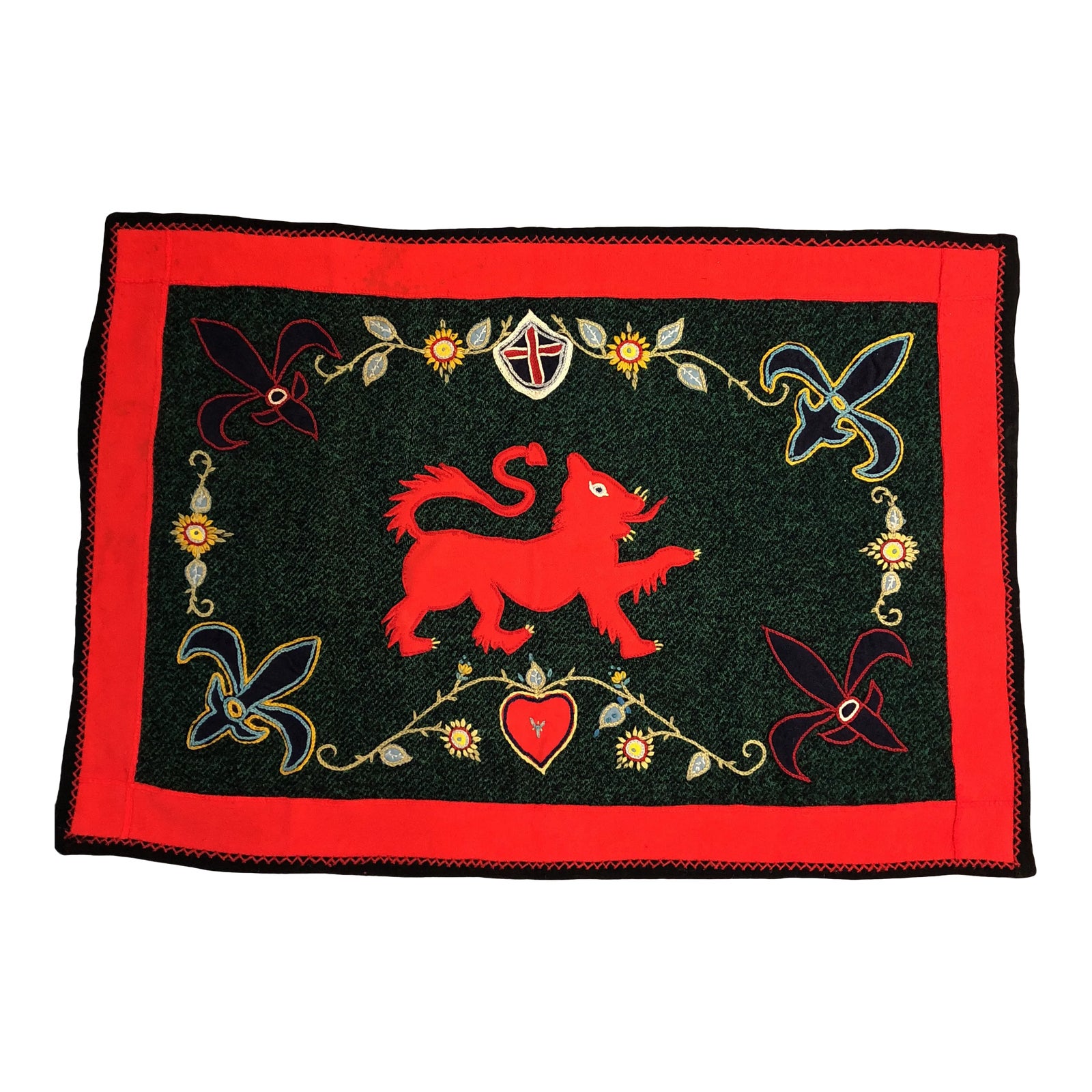 Vintage Folk Art Wool Crewel Work Lion Motif Rug/Hanging | Chairish