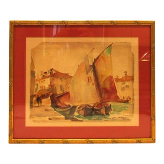 Glen Mitchell Signed Framed Watercolor Painting of Seaside Quay With Sailboats For Sale