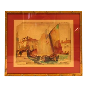 Glen Mitchell Signed Framed Watercolor Painting of Seaside Quay With Sailboats