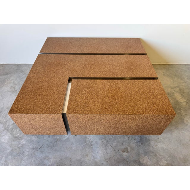 1980s Postmodern Laminated Tortoiseshell & Brushed Steel Plinth Base Coffee Table on Wheels For Sale - Image 4 of 12