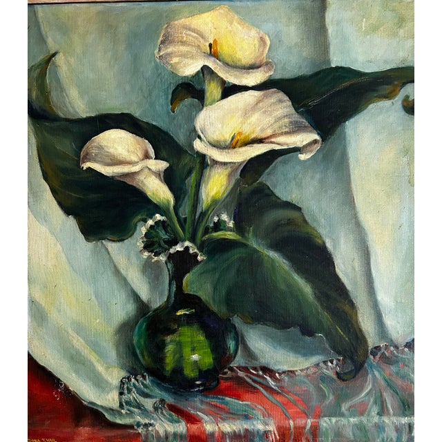 Antique 1930’s Oil Painting on Canvas Still Life of Calla Lily Flowers For Sale - Image 4 of 7