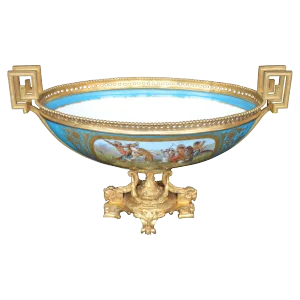 Sevres Style Parcel-Gilt Ormolu Mounted Enameled Blue Celeste Bowl