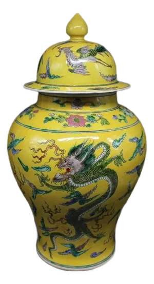 Antique Chinese Ceramic Pot Qing Dynasty Kangxi Marked Yellow Ground Famille Rose Porcelain Ginger Jar Hand Painted Dragon Pattern