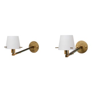 Italian Brass, Green Metal and Opaline Glass Wall Sconces, 1950s, Set of 2 For Sale