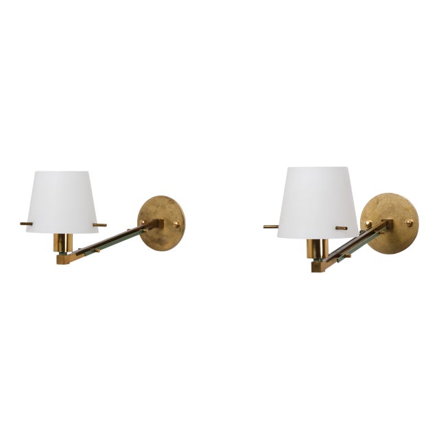 Italian Brass, Green Metal and Opaline Glass Wall Sconces, 1950s, Set of 2 For Sale