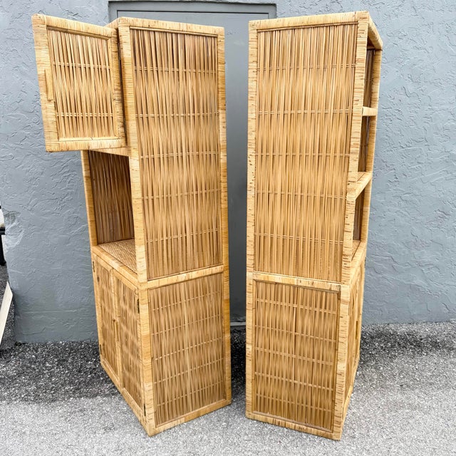 Late 20th Century Boho Chic Blonde Wicker Cabinet/Etageres - A Pair For Sale - Image 5 of 11
