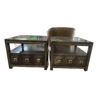 Vintage 1970s Mastercraft Burl Elm & Brass End Table or Night Stand W/Drawer For Sale