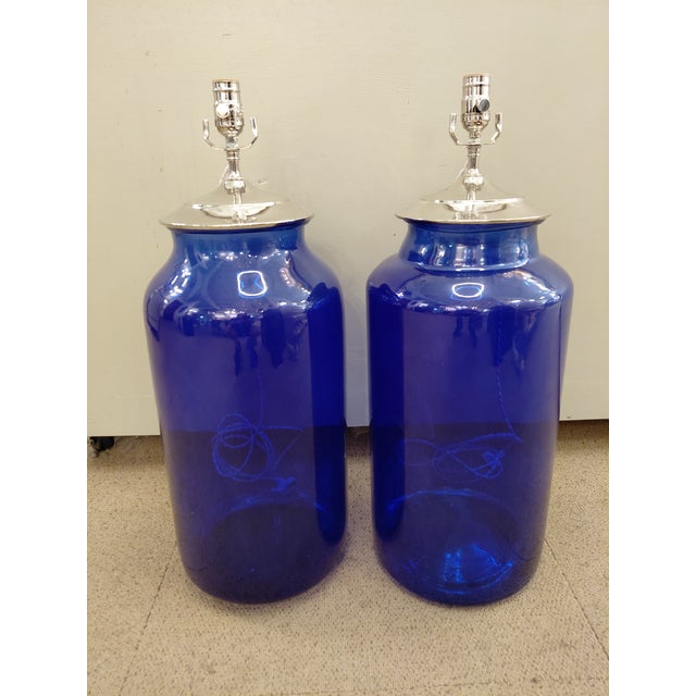 Vintage Cobalt Blue Glass Jar Table Lamps - a Pair For Sale - Image 4 of 6