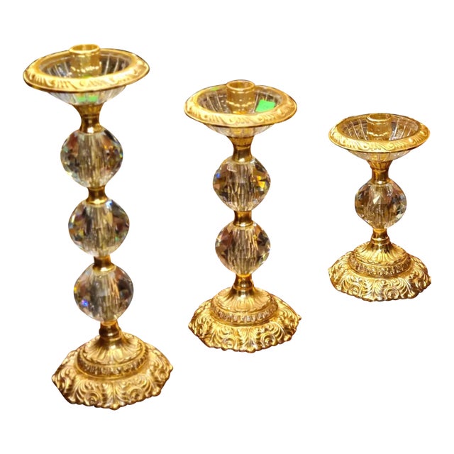 Set of 3 Crystal & Gilded Brass Candlestick Holders – French Style Decorative Candleholders For Sale