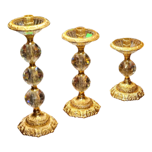 Set of 3 Crystal & Gilded Brass Candlestick Holders – French Style Decorative Candleholders