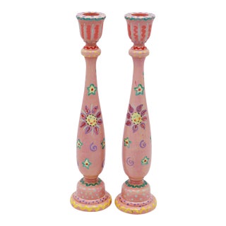 Hand Painted Wooden Candlesticks - a Pair For Sale