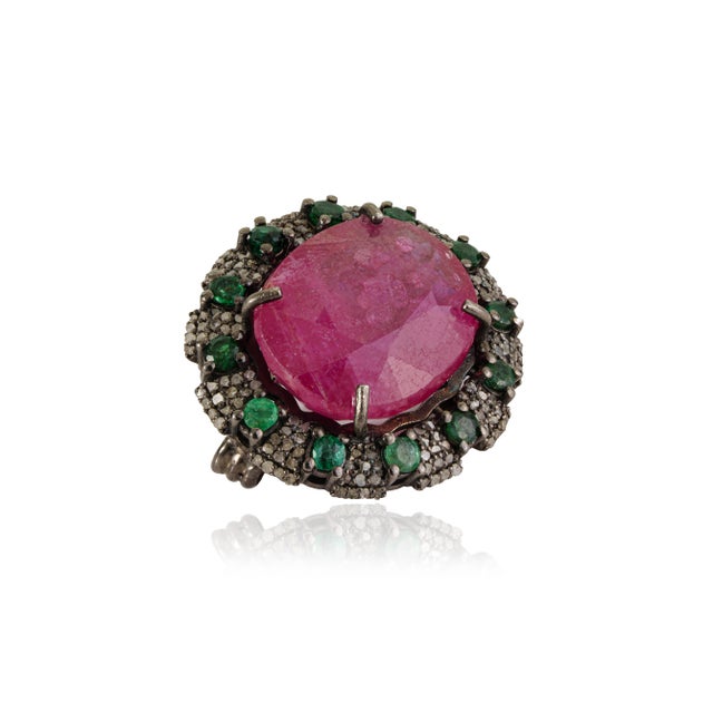 Designer 14.6 Ct Oval Ruby, Emerald & Diamond Ornate Medallion Brooch Pendant For Sale - Image 4 of 14
