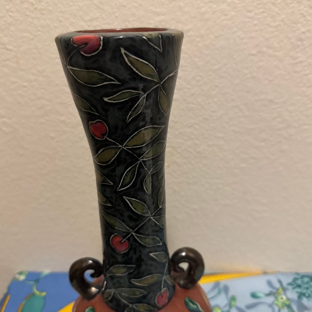 Art Nouveau Vintage Art Nouveau Style Studio Pottery Vase – Hand-Painted Floral & Geometric Twin-Handled Ceramic Vase For Sale - Image 3 of 10