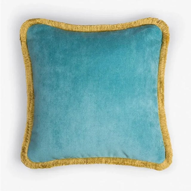 Contemporary Happy Pillow in Light Blue and Yellow from Lo Decor For Sale - Image 3 of 3
