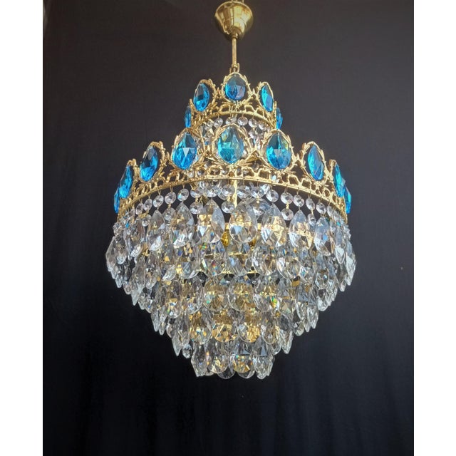 Vintage 1960s Art Deco Crystal Brass Aqua Blue Basket Chandelier For Sale - Image 13 of 13