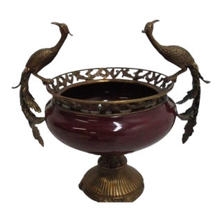 1980s Satsuma House Bronze Ceramic Peacock Fruit Bowl Urn Display Center Piece For Sale