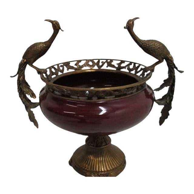1980s Satsuma House Bronze Ceramic Peacock Fruit Bowl Urn Display Center Piece For Sale