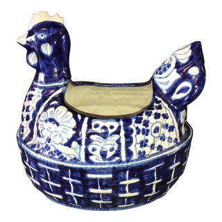 Blue and White Mexican Rooster Planter Pottery For Sale