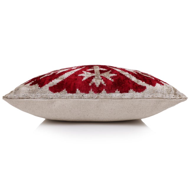 Luxury Handwoven Dark Red Silk Velvet Ikat Pillow 20x20 Inch For Sale In San Francisco - Image 6 of 8