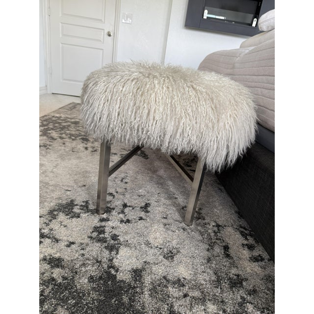 Metal Pasargad Home Mongolian Lamb Fur Bench in Cream With Brushed Metal X‑Base For Sale - Image 7 of 8