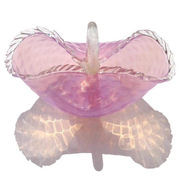 Vintage Murano Large Pink Opalescent Gold Flecks Diamond Quilted Italian Art Glass Basket Flower Vase For Sale - Image 9 of 13