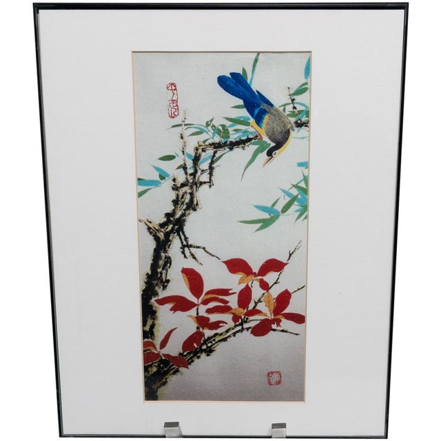 Mid 20th Century Original Framed Botanic and Avian Signed Chinese Watercolor For Sale - Image 9 of 10