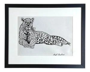 1962 "Reclining Leopard" Pen Drawing by Paul Carlino, Framed