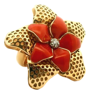 Vintage Italian 18k Gold Coral Flower Ring With Diamond Center, Size 8