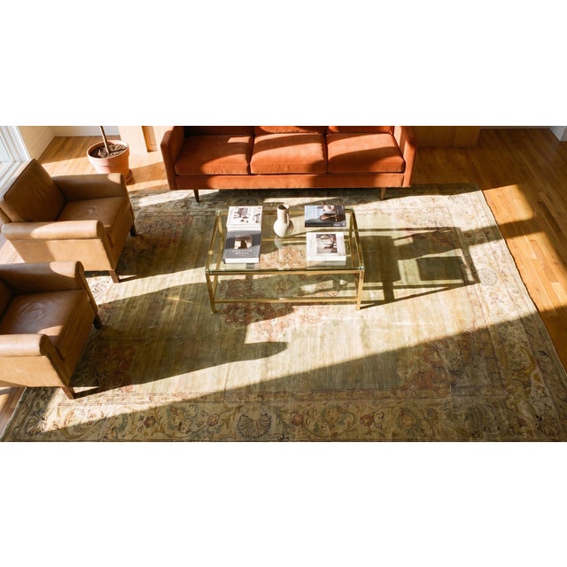1900s Ligth Green Medallion Antique N. Indian Amritsar Carpet 9'2" X 11'8" Knotted Wool Rug For Sale - Image 14 of 15
