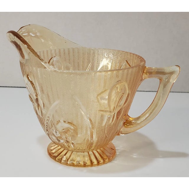 Glass 1960s Jeanette Iris Iridescent Flora Gold Creamer For Sale - Image 7 of 7