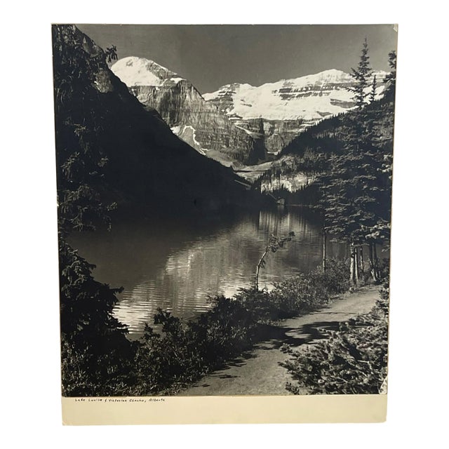 Vintage Black and White Lake Louise & Victoria Glacier Photograph, Alberta Landscape Print For Sale
