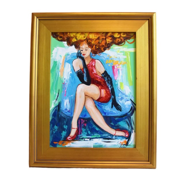 French Moulin Rogue Cabaret Dancer Portrait Oil Painting (W/ Antiqued Gold Wood Frame For Sale - Image 9 of 9