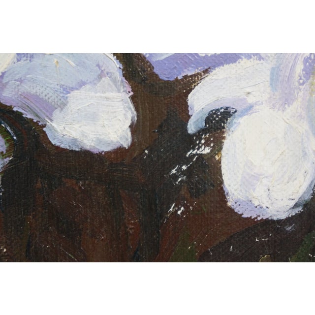 Purple Late 20th Century Bouquet of Purple Peony Flowers in a Glass Vase Still Life Oil Painting on Canvas 41" For Sale - Image 8 of 11