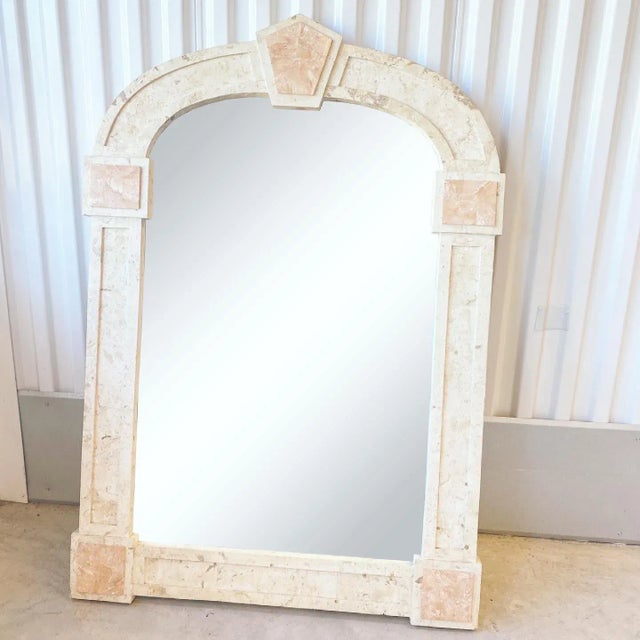 Postmodern Travertine and Inlaid Blush Marble Mirror For Sale - Image 11 of 13