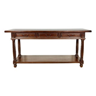 Large Spanish Walnut Rustic Console with Three Drawers and Lower Shelf, 1930s For Sale