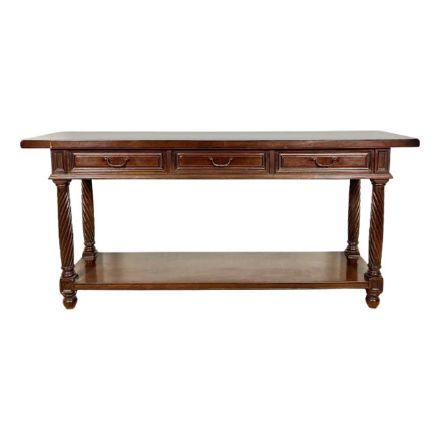 Large Spanish Walnut Rustic Console with Three Drawers and Lower Shelf, 1930s For Sale