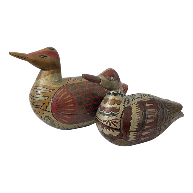Vintage Hand Painted Carved Duck Boxes Folk Art Storage. Set of 2. For Sale