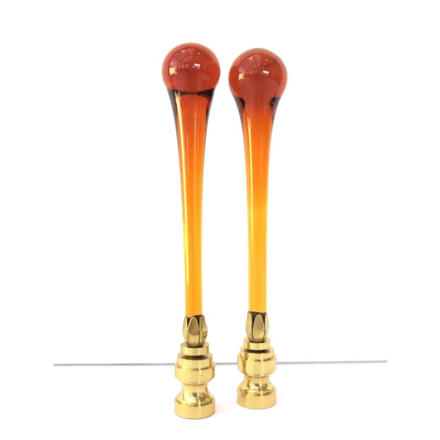 Gorgeous Deep Amber Gold Murano Glass Finials in brass bases. Exclusively by my Studio, fits any standard lamp harp. 5"...