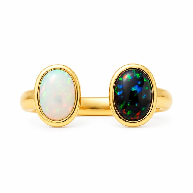 Modern Toi Et Moi Gemstone Ring: White Opal and Black Opal, Size 7.5 For Sale - Image 3 of 9