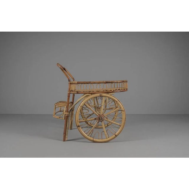 Italian Bamboo and Rattan Bar Cart Serving Trolley, 1950s For Sale - Image 4 of 10
