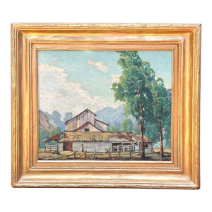 1940s Joseph Frey Oil on Canvas Plein Air Landscape of California Barn Framed