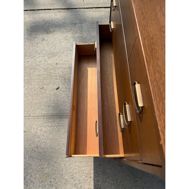Mid Century Modern Walnut Highboy Dresser With Sculptural Brass Ring Pulls For Sale - Image 10 of 12