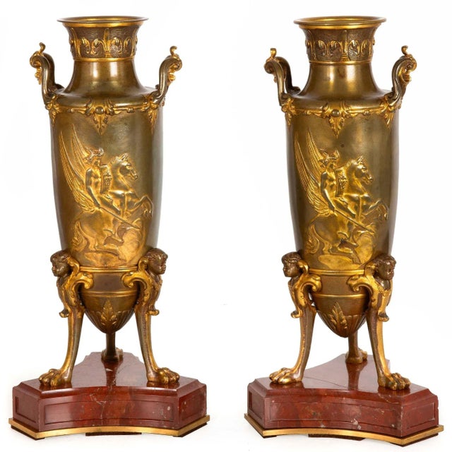 Pair of French Bronze Antique Mythological Amphora Garnitures Ca. 1880 For Sale - Image 4 of 12