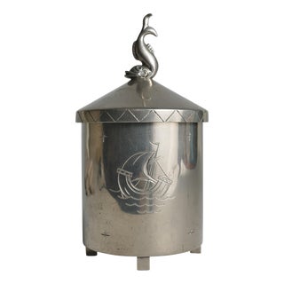 Swedish Pewter Lidded Jar with Sculptural Fish Finial and Ship Engraving, 1928 For Sale